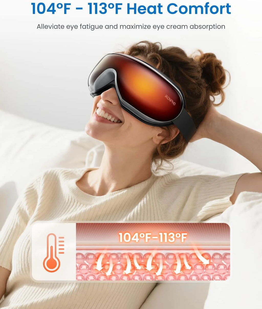 Eye Massager with Heat & Vibration – 5 Massage Modes, Bluetooth Music, Adjustable Headband, USB Rechargeable - Black
