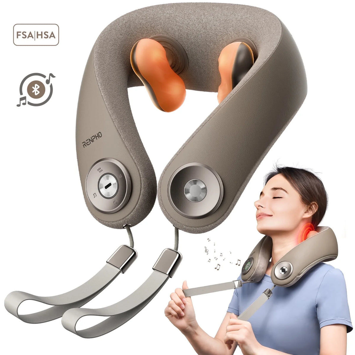 Cordless Shiatsu Neck and Shoulder Massager with Heat, Bluetooth Music